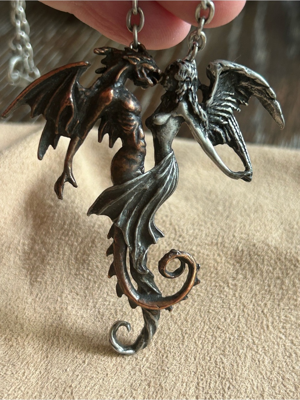 ANGEL & DRAGON DUAL PENDANT  2.5” and 10.5”  Necklace Two-Tone Silver & Bronze